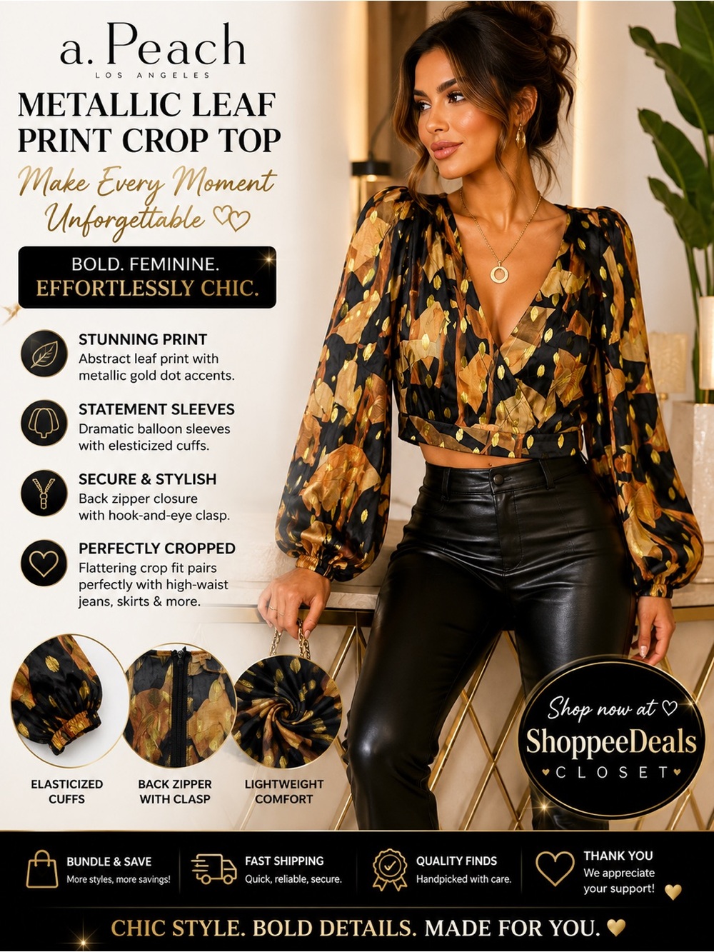 A. Peach Metallic Leaf Print Puff Sleeve Crop Blouse – Women’s Small